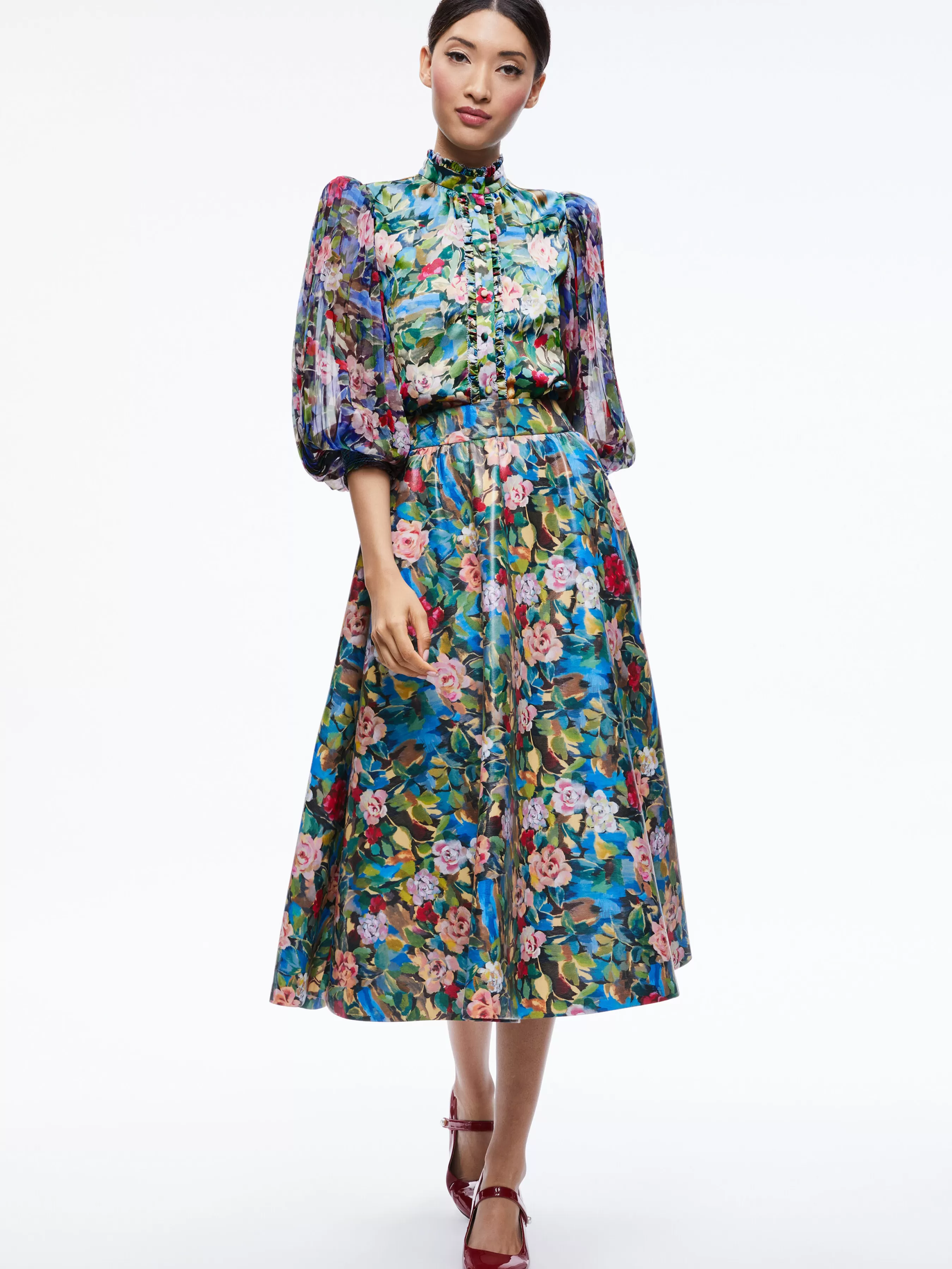 Alice and Olivia EARLA VEGAN LEATHER FLARE SKIRT + ILAN SMOCKED SLEEVE BUTTON FRONT BLOUSE