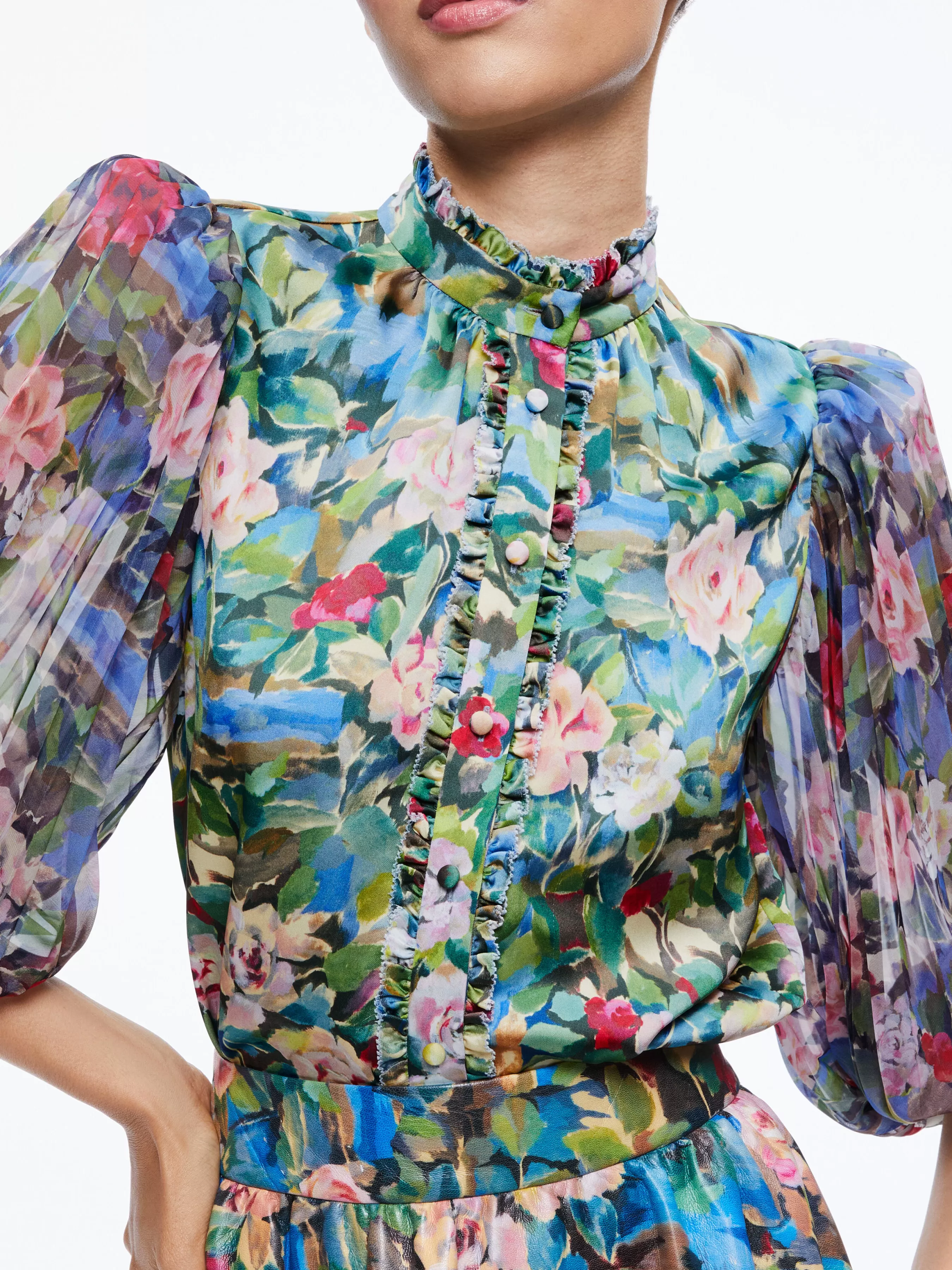Alice and Olivia EARLA VEGAN LEATHER FLARE SKIRT + ILAN SMOCKED SLEEVE BUTTON FRONT BLOUSE