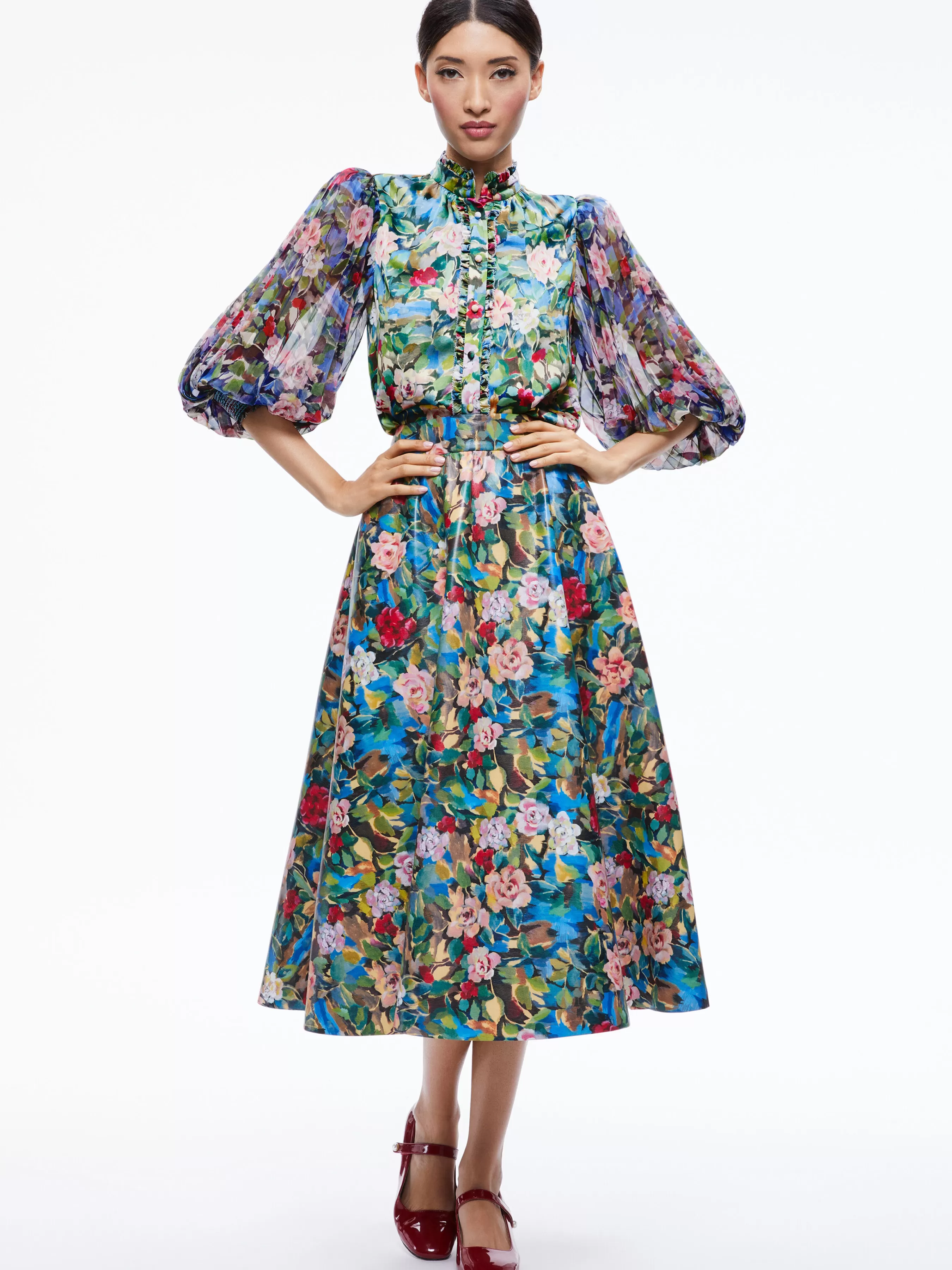 Alice and Olivia EARLA VEGAN LEATHER FLARE SKIRT + ILAN SMOCKED SLEEVE BUTTON FRONT BLOUSE
