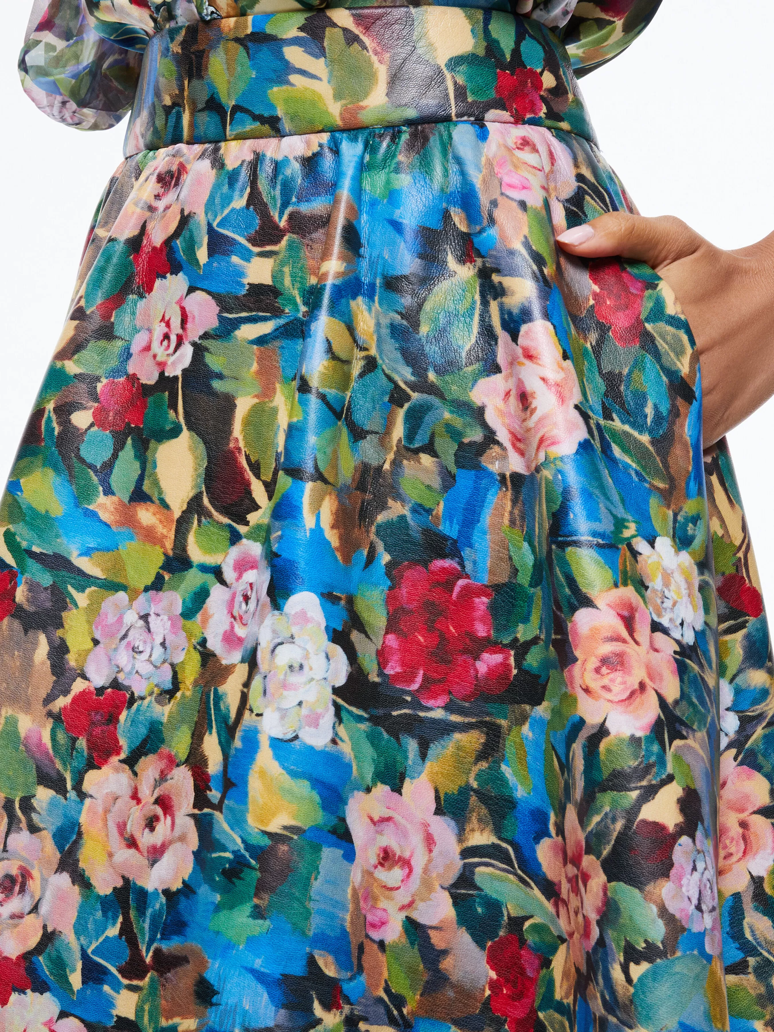 Alice and Olivia EARLA VEGAN LEATHER FLARE SKIRT + ILAN SMOCKED SLEEVE BUTTON FRONT BLOUSE