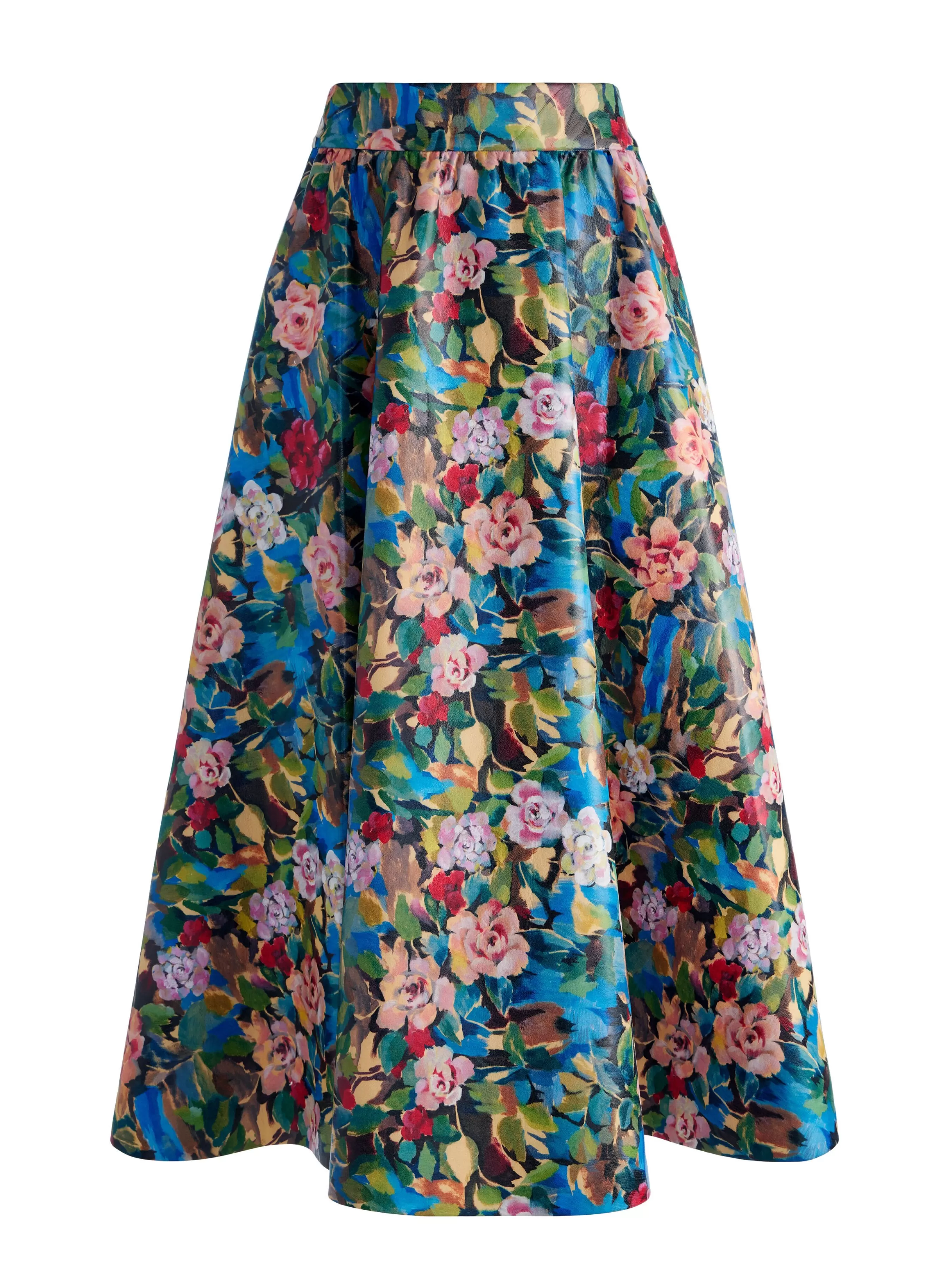 Alice and Olivia EARLA VEGAN LEATHER FLARE SKIRT + ILAN SMOCKED SLEEVE BUTTON FRONT BLOUSE