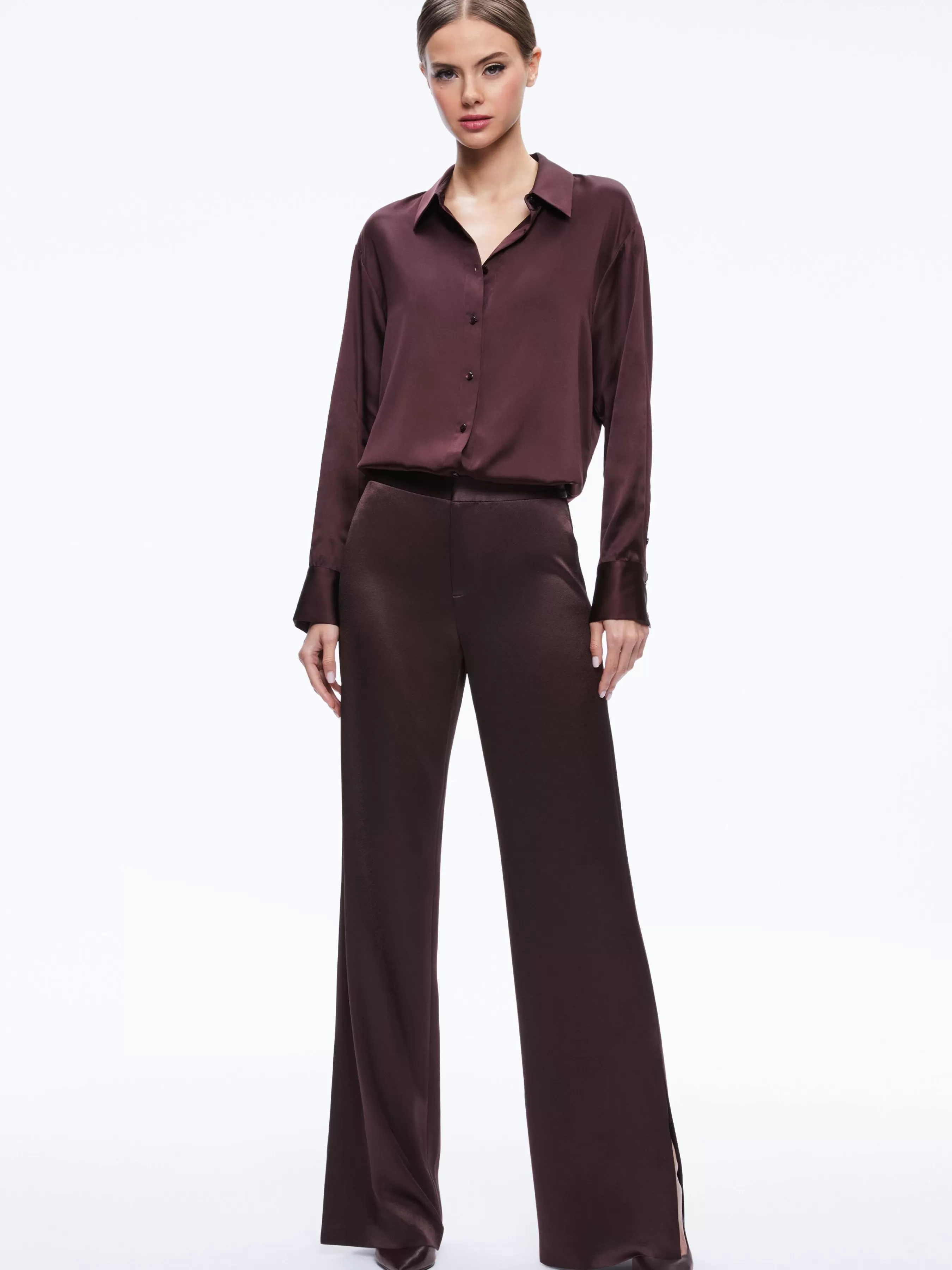 Alice and Olivia FINELY OVERSIZED BUTTON DOWN SHIRT + JC WIDE LEG SIDE SLIT PANT