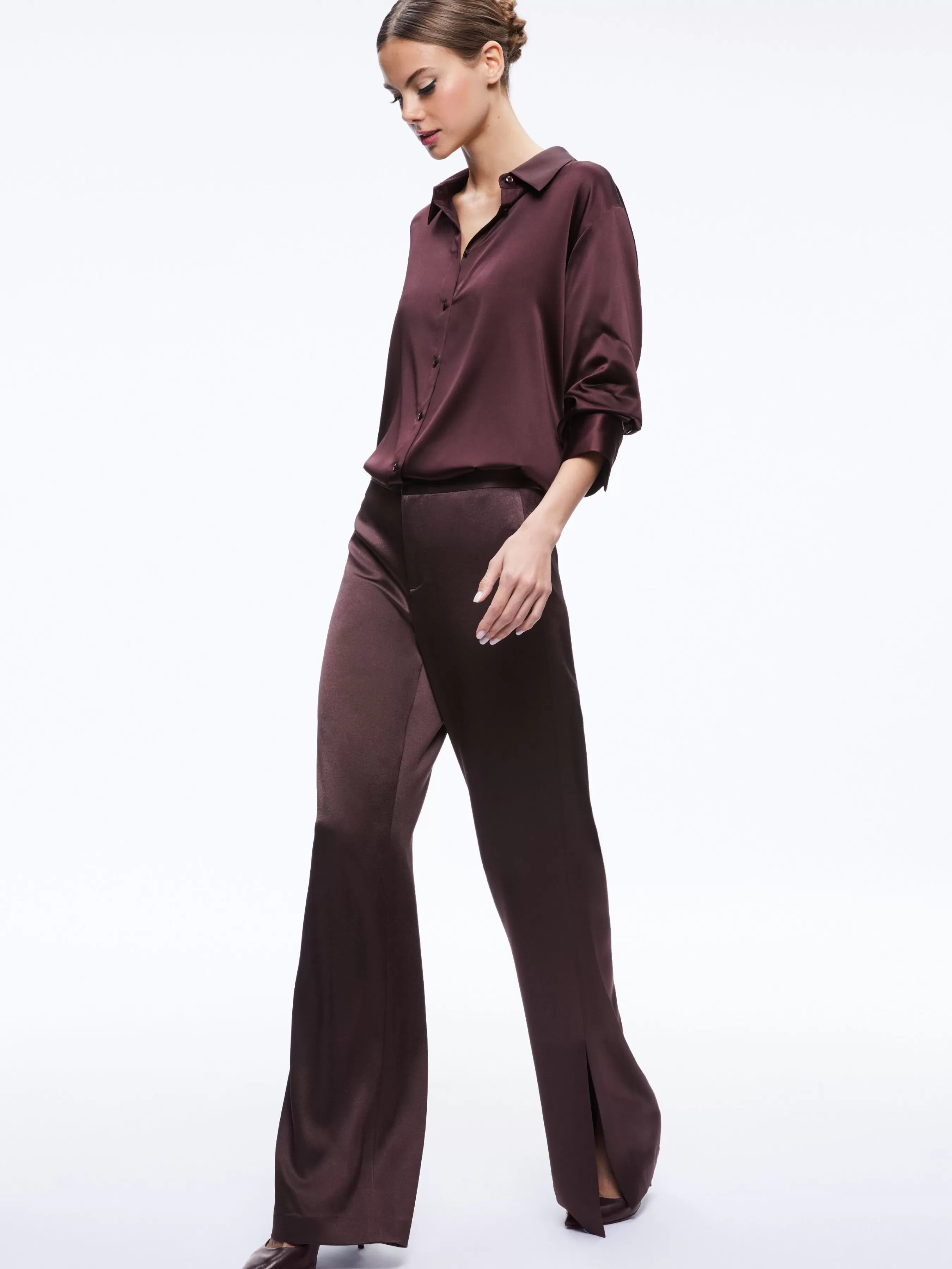 Alice and Olivia FINELY OVERSIZED BUTTON DOWN SHIRT + JC WIDE LEG SIDE SLIT PANT