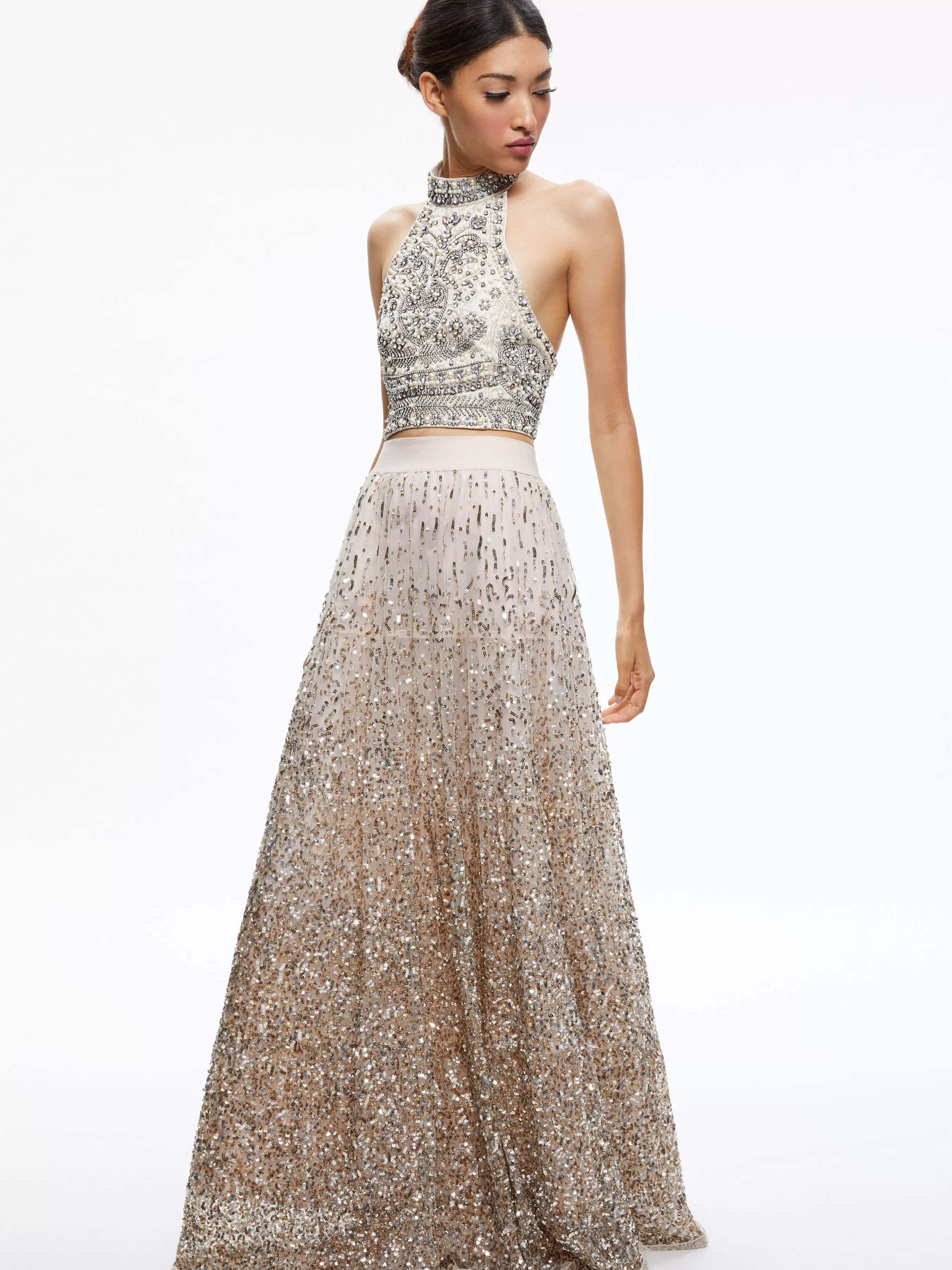 Alice and Olivia GATZ EMBELLISHED HIGH NECK TOP + CATRINA EMBELLISHED GOWN MAXI SKIRT