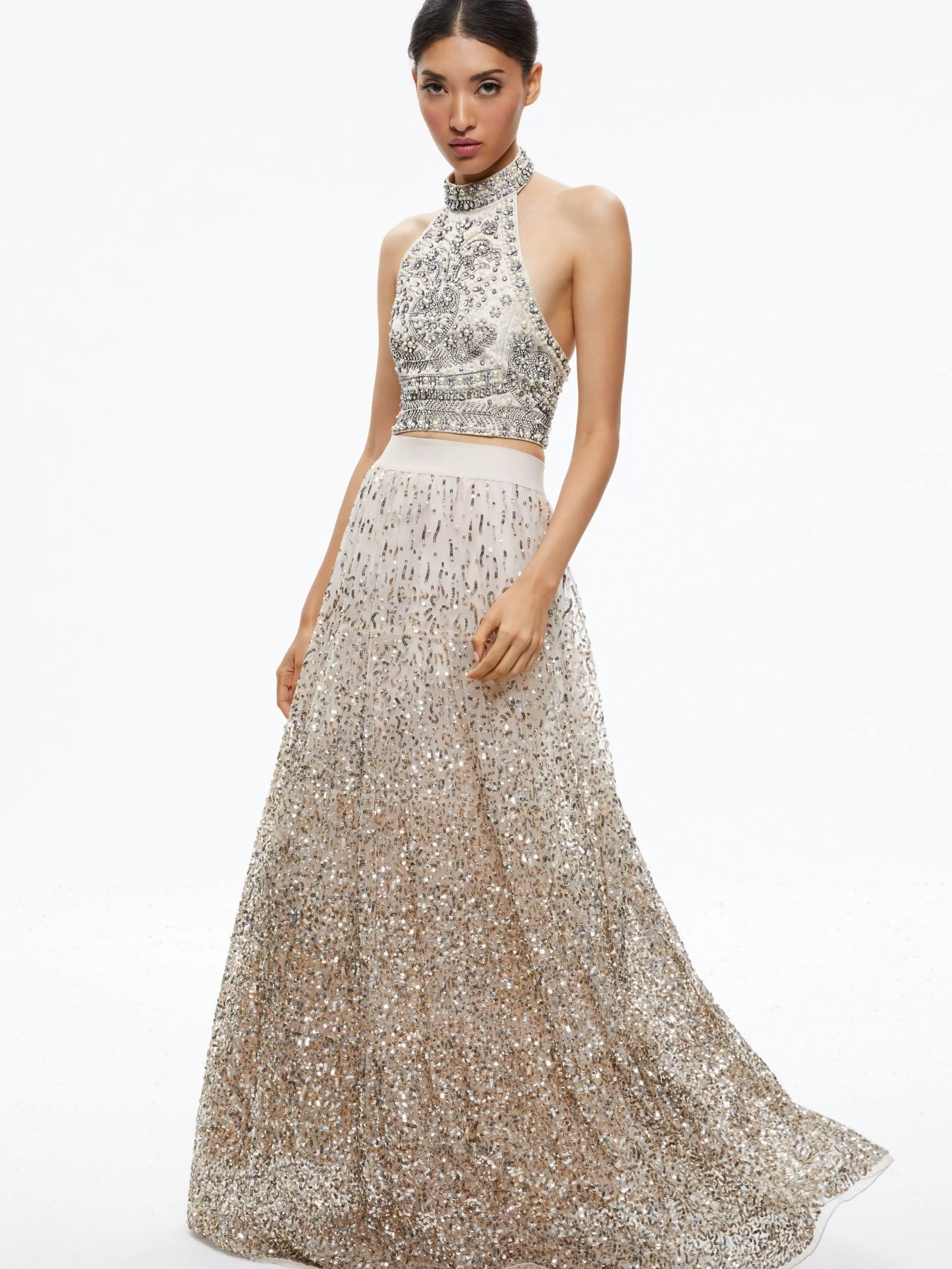 Alice and Olivia GATZ EMBELLISHED HIGH NECK TOP + CATRINA EMBELLISHED GOWN MAXI SKIRT