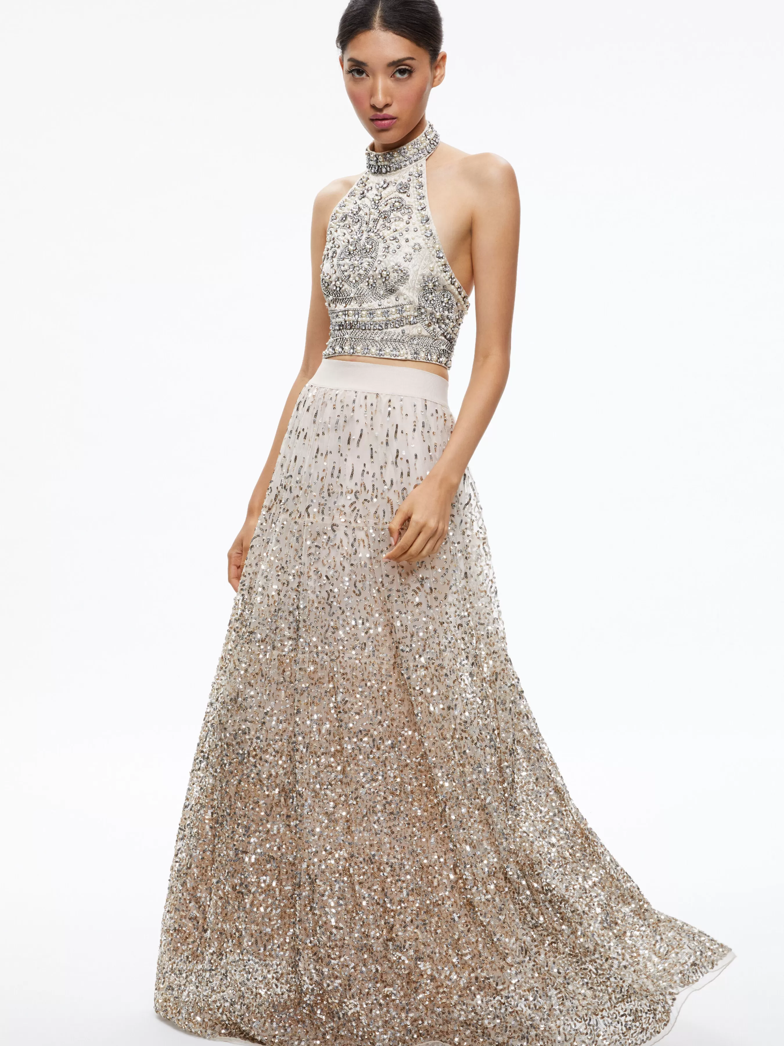 Alice and Olivia GATZ EMBELLISHED HIGH NECK TOP + CATRINA EMBELLISHED GOWN MAXI SKIRT