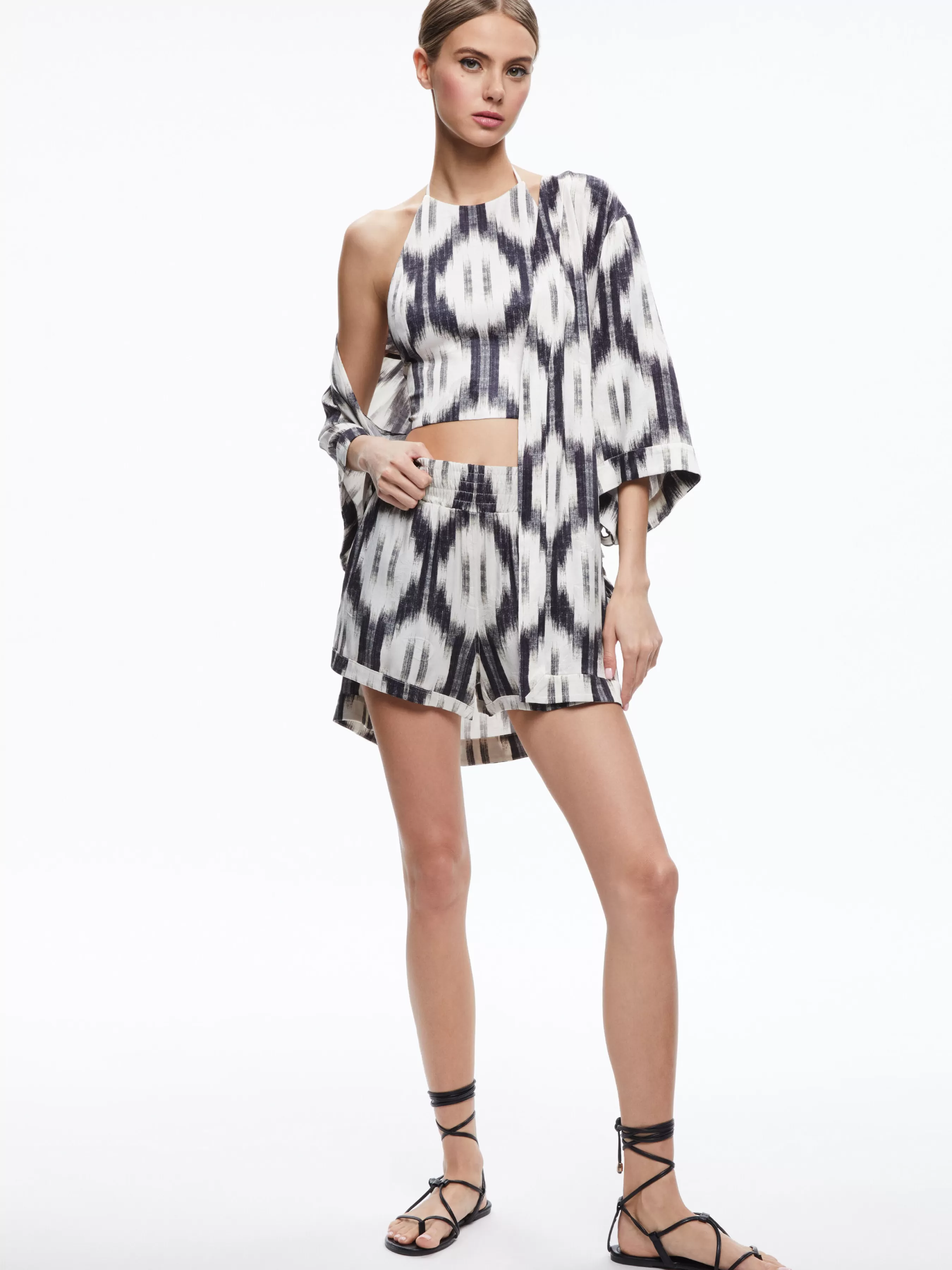 Alice and Olivia IKAT PRINT DOMINO KIMONO WITH TIE BELT + ASH TIE NECK HALTER TOP + TANDY SHORTS
