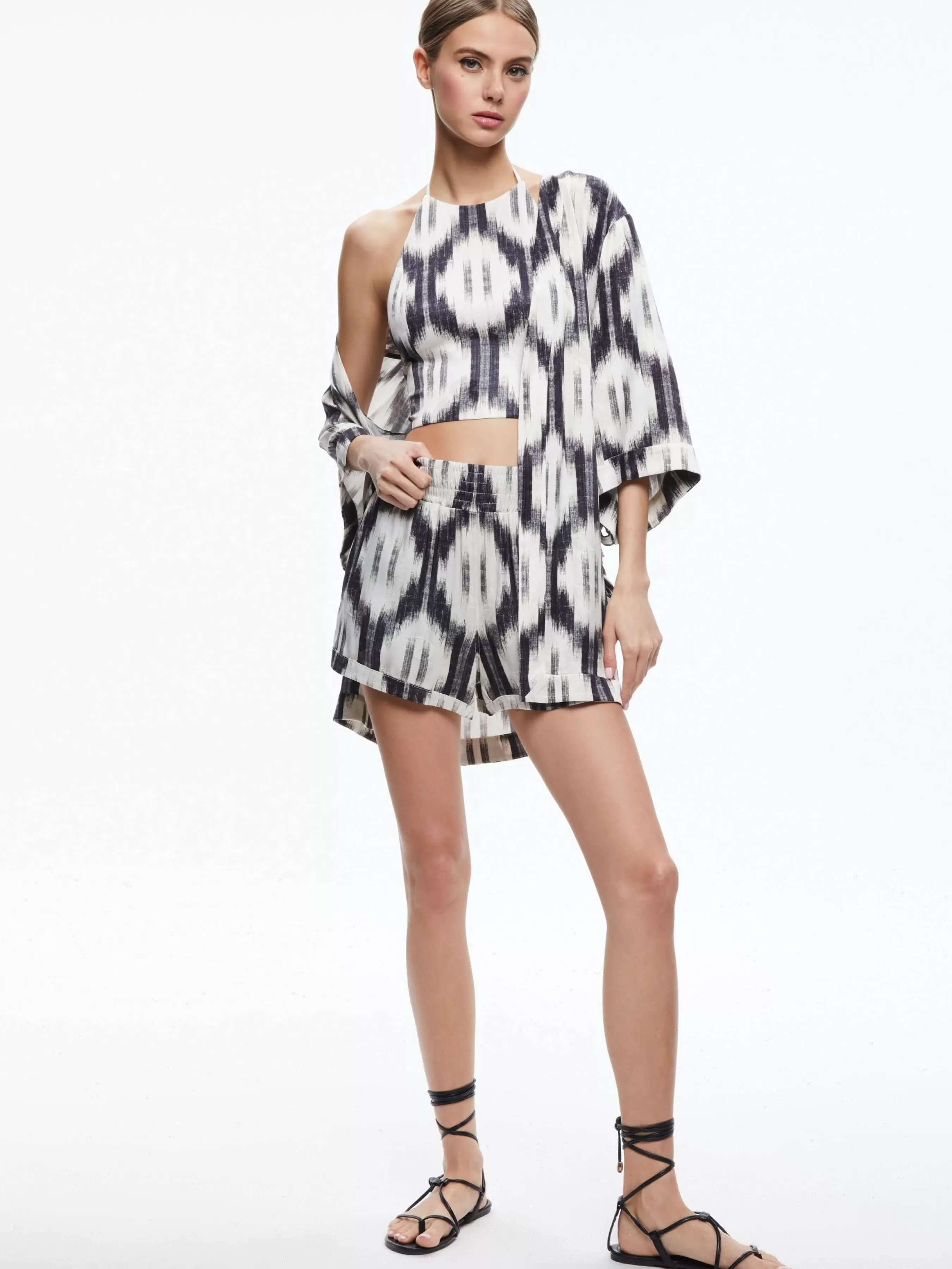 Alice and Olivia IKAT PRINT DOMINO KIMONO WITH TIE BELT + ASH TIE NECK HALTER TOP + TANDY SHORTS