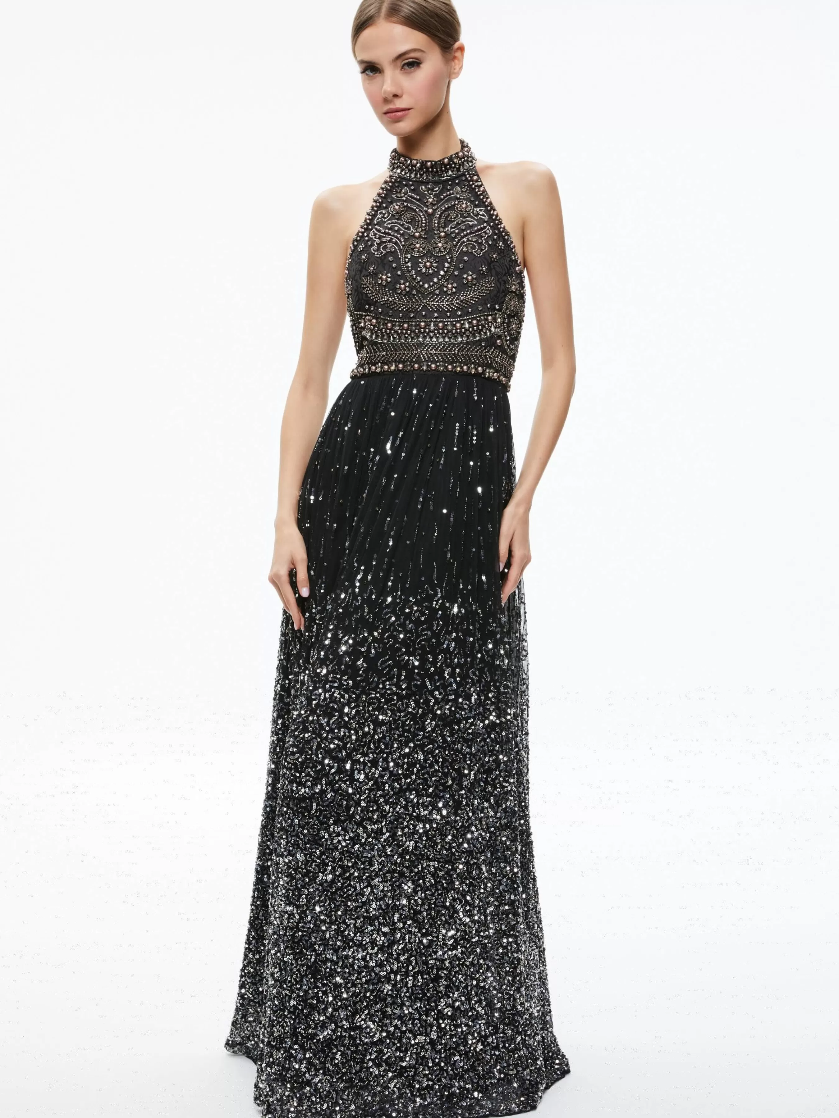 Alice and Olivia JAEL EMBELLISHED HALTER NECK MAXI GOWN