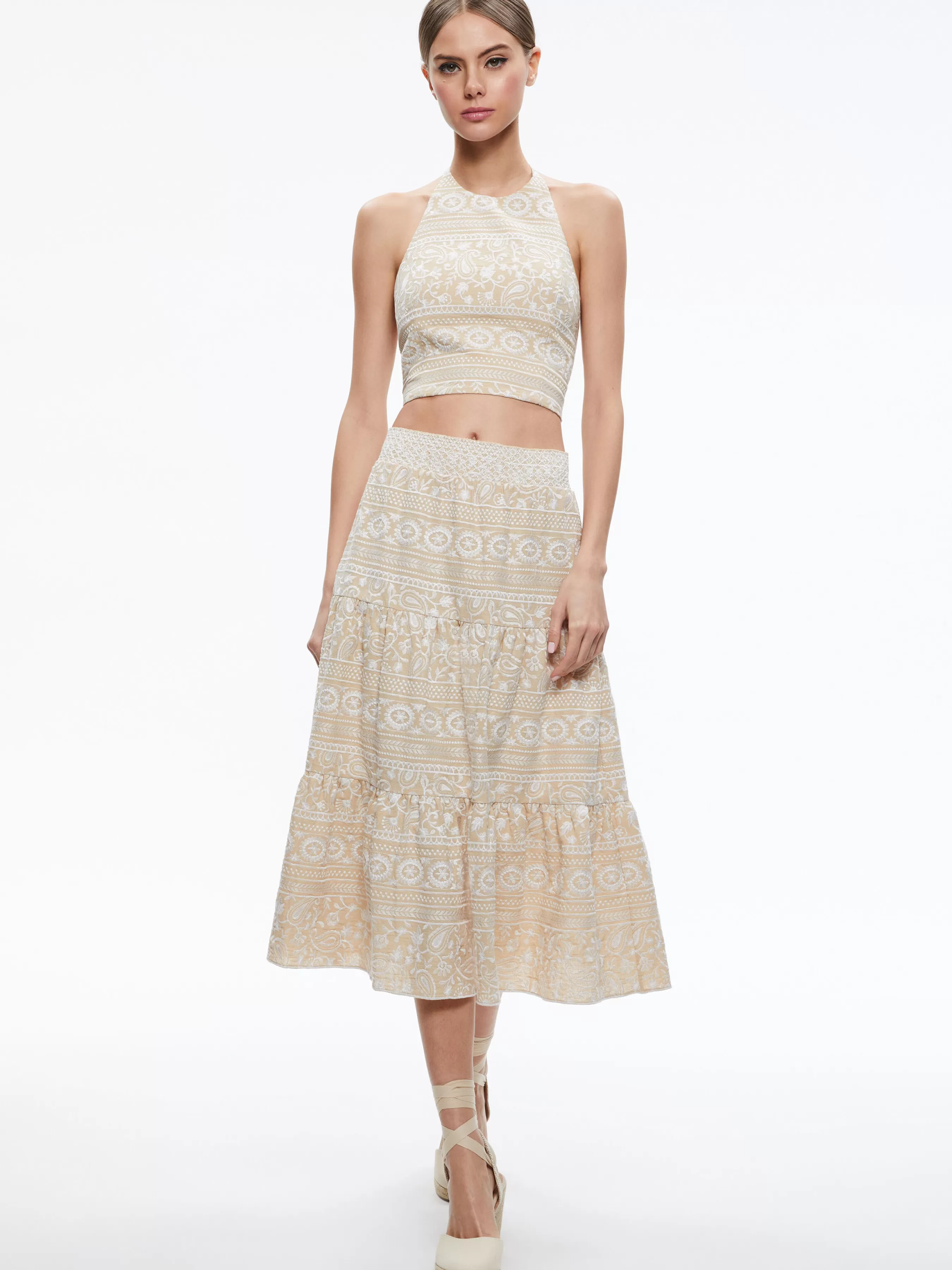 Alice and Olivia JAYMEE TIE NECK CROPPED HALTER TOP + REISE TIERED MIDI SKIRT