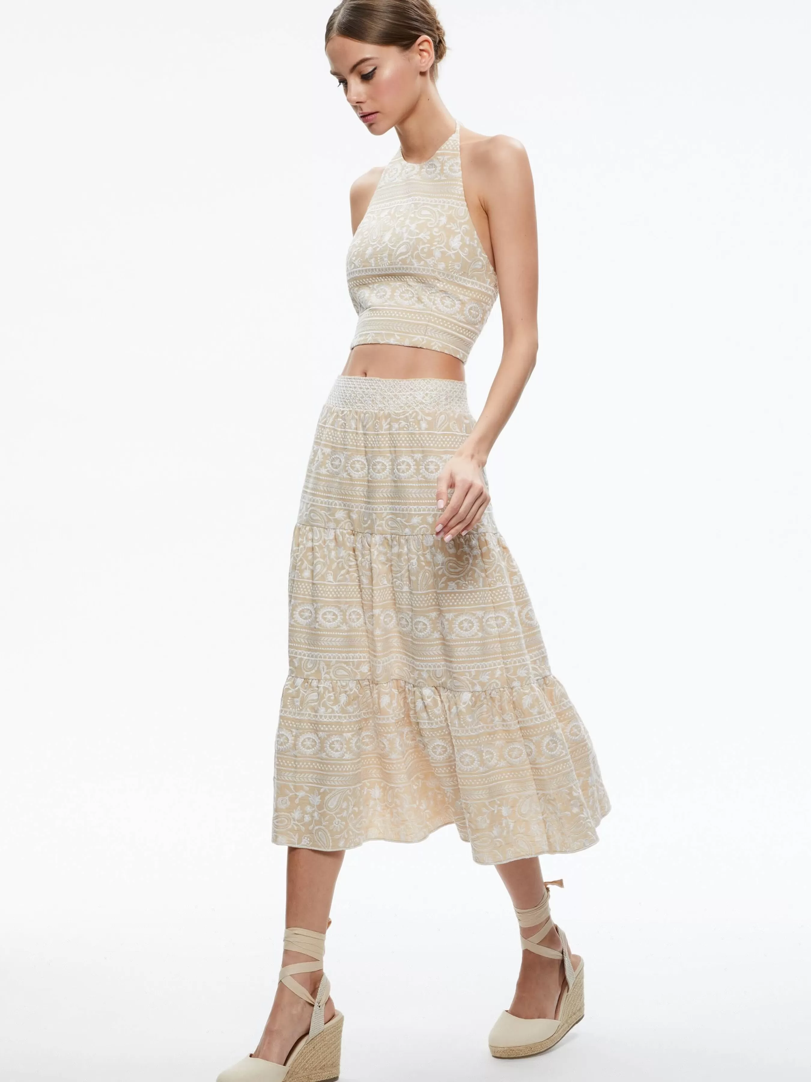 Alice and Olivia JAYMEE TIE NECK CROPPED HALTER TOP + REISE TIERED MIDI SKIRT