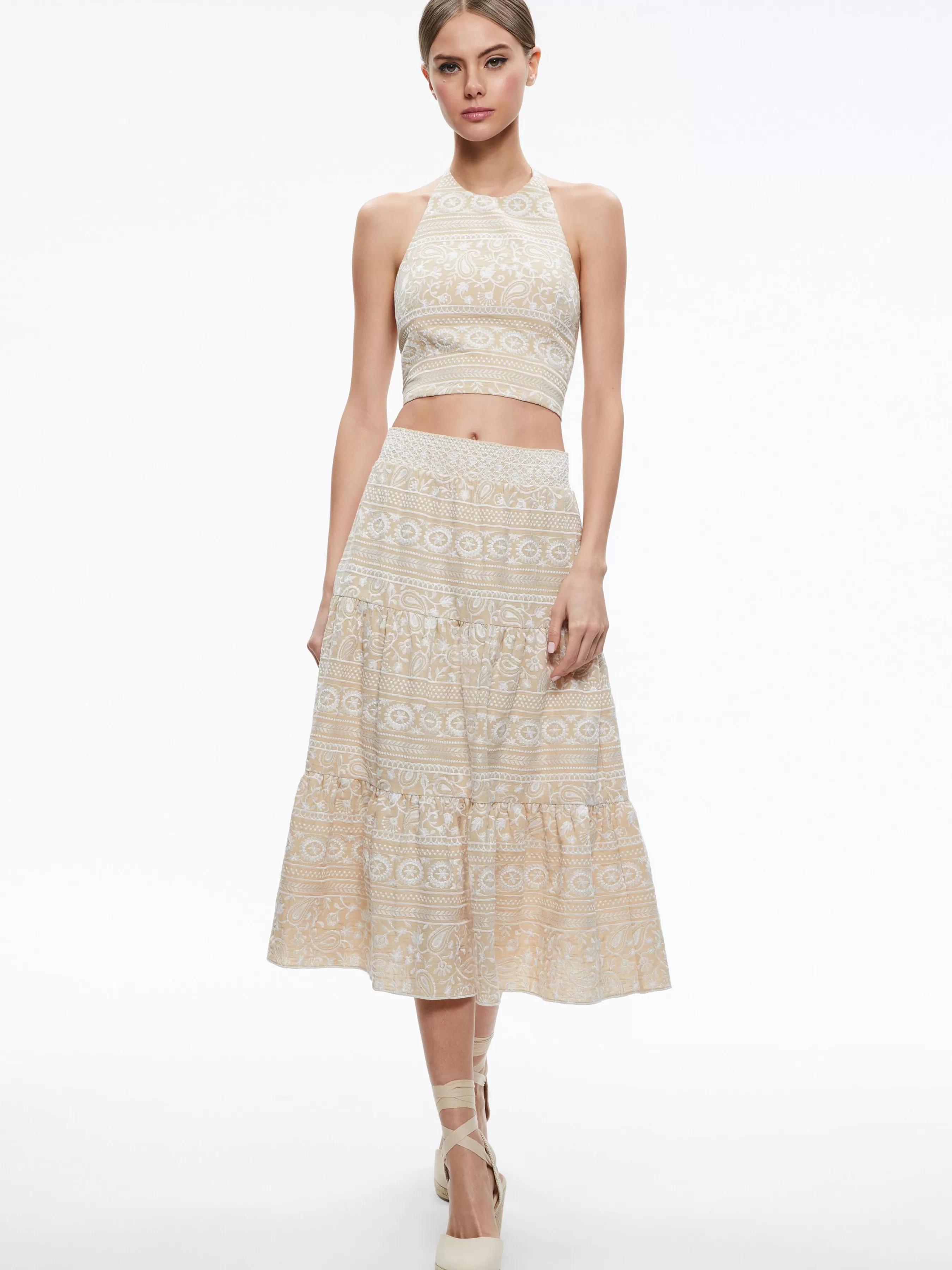 Alice and Olivia JAYMEE TIE NECK CROPPED HALTER TOP + REISE TIERED MIDI SKIRT