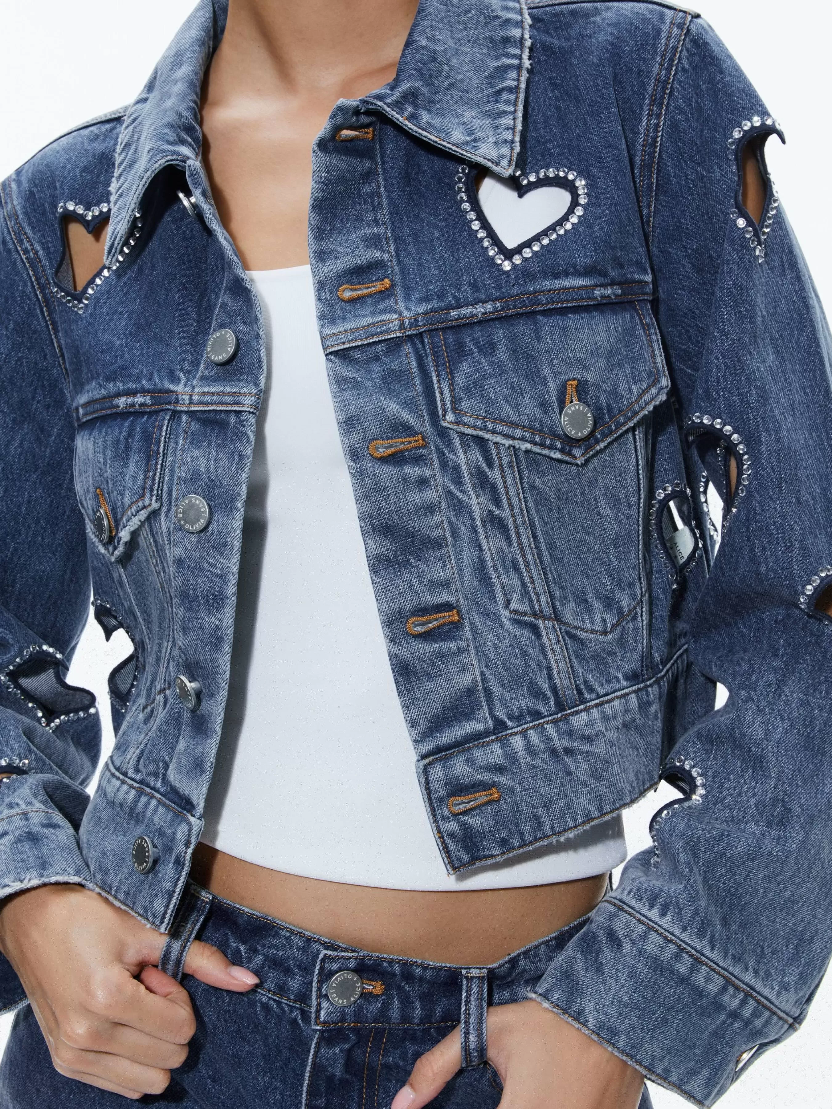 Alice and Olivia JEFF HEART EMBELLISHED CROPPED DENIM JACKET + KARRIE EMBELLISHED HEART JEAN