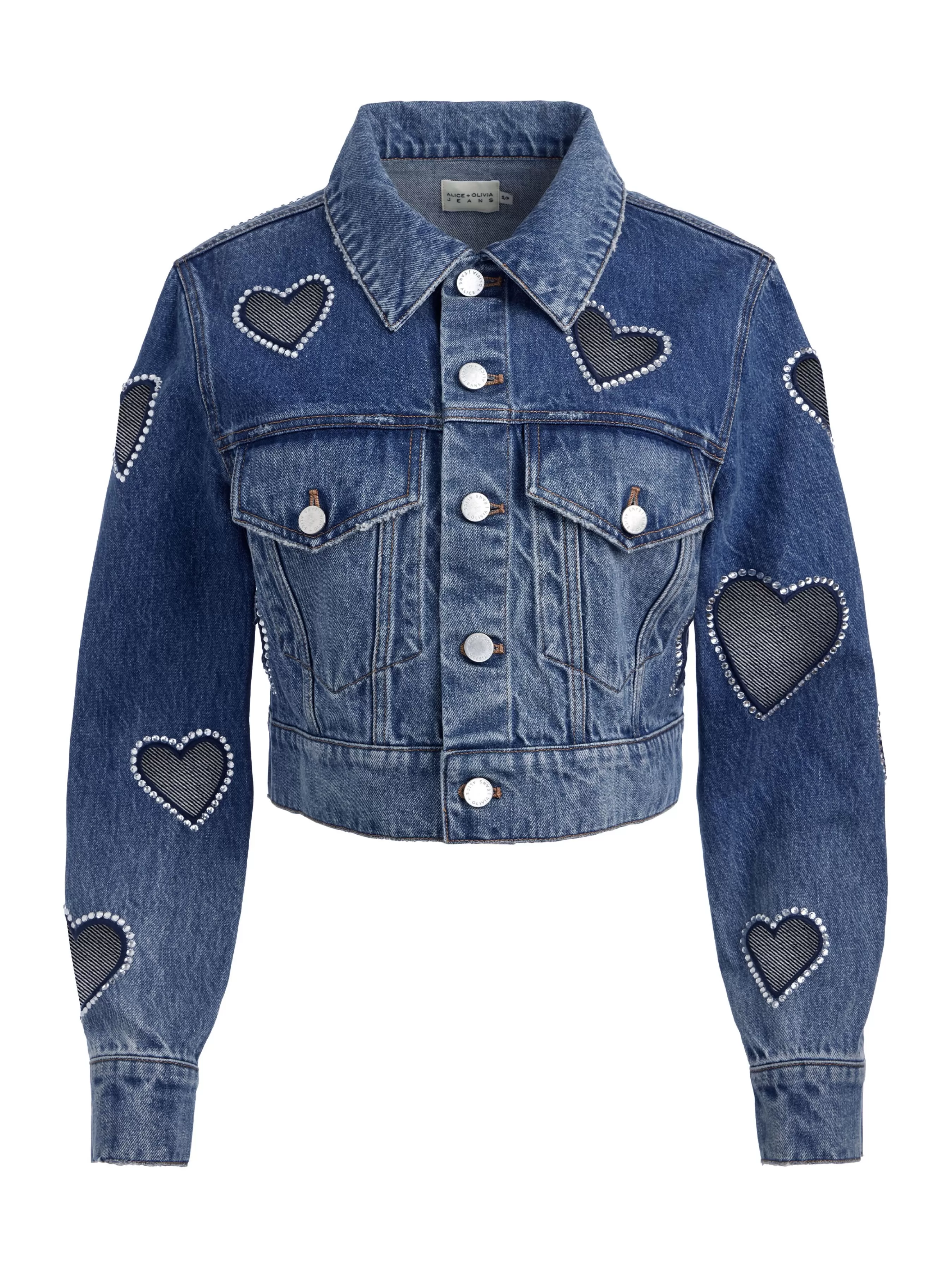 Alice and Olivia JEFF HEART EMBELLISHED CROPPED DENIM JACKET + KARRIE EMBELLISHED HEART JEAN