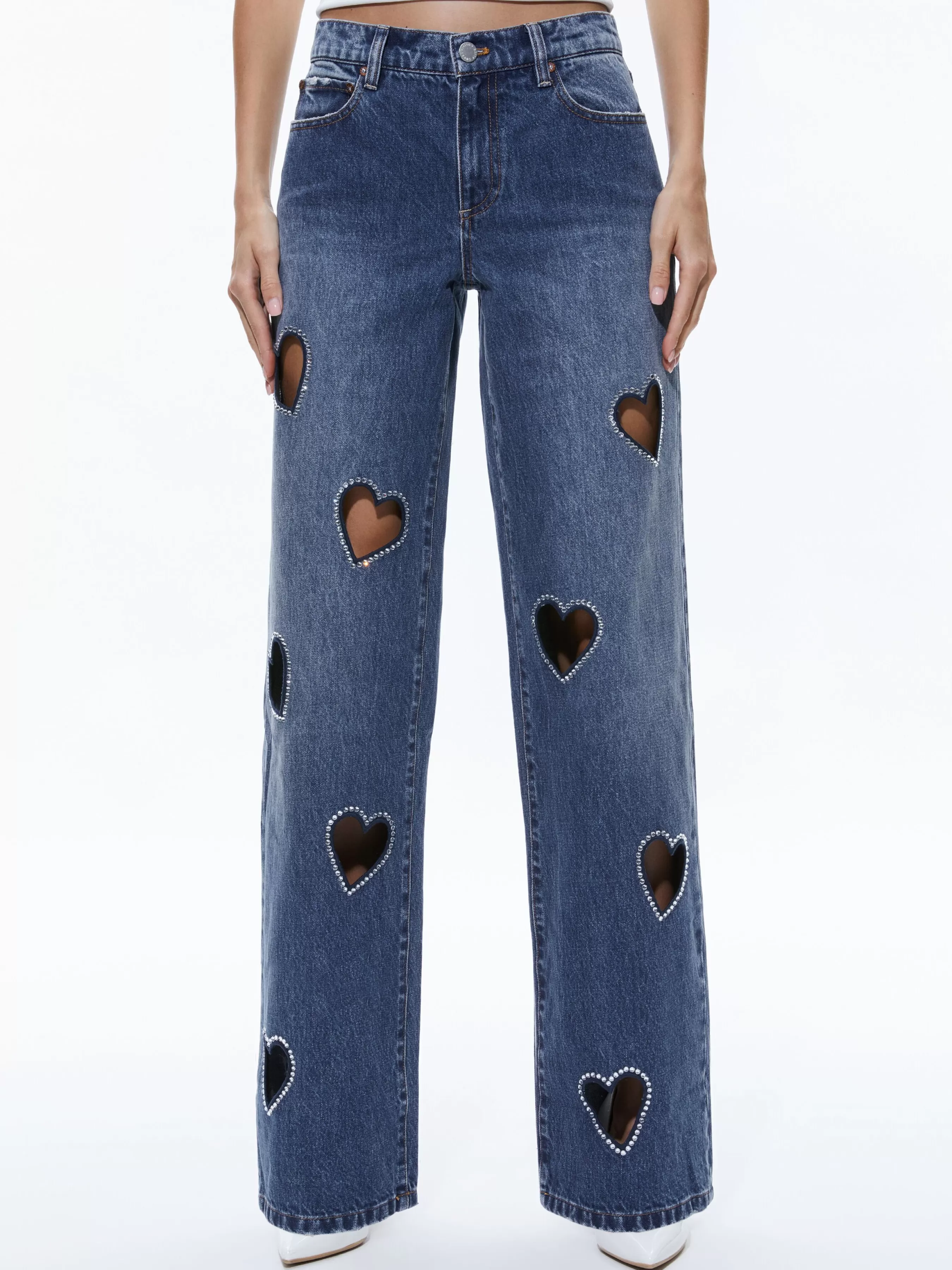 Alice and Olivia JEFF HEART EMBELLISHED CROPPED DENIM JACKET + KARRIE EMBELLISHED HEART JEAN