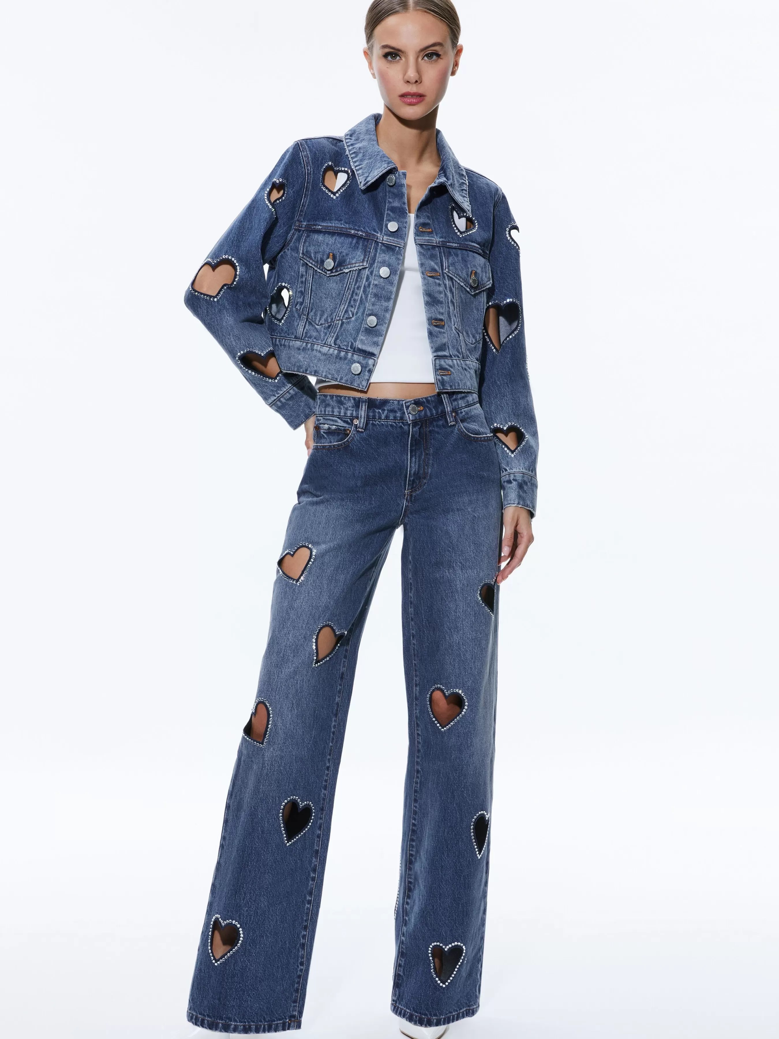 Alice and Olivia JEFF HEART EMBELLISHED CROPPED DENIM JACKET + KARRIE EMBELLISHED HEART JEAN