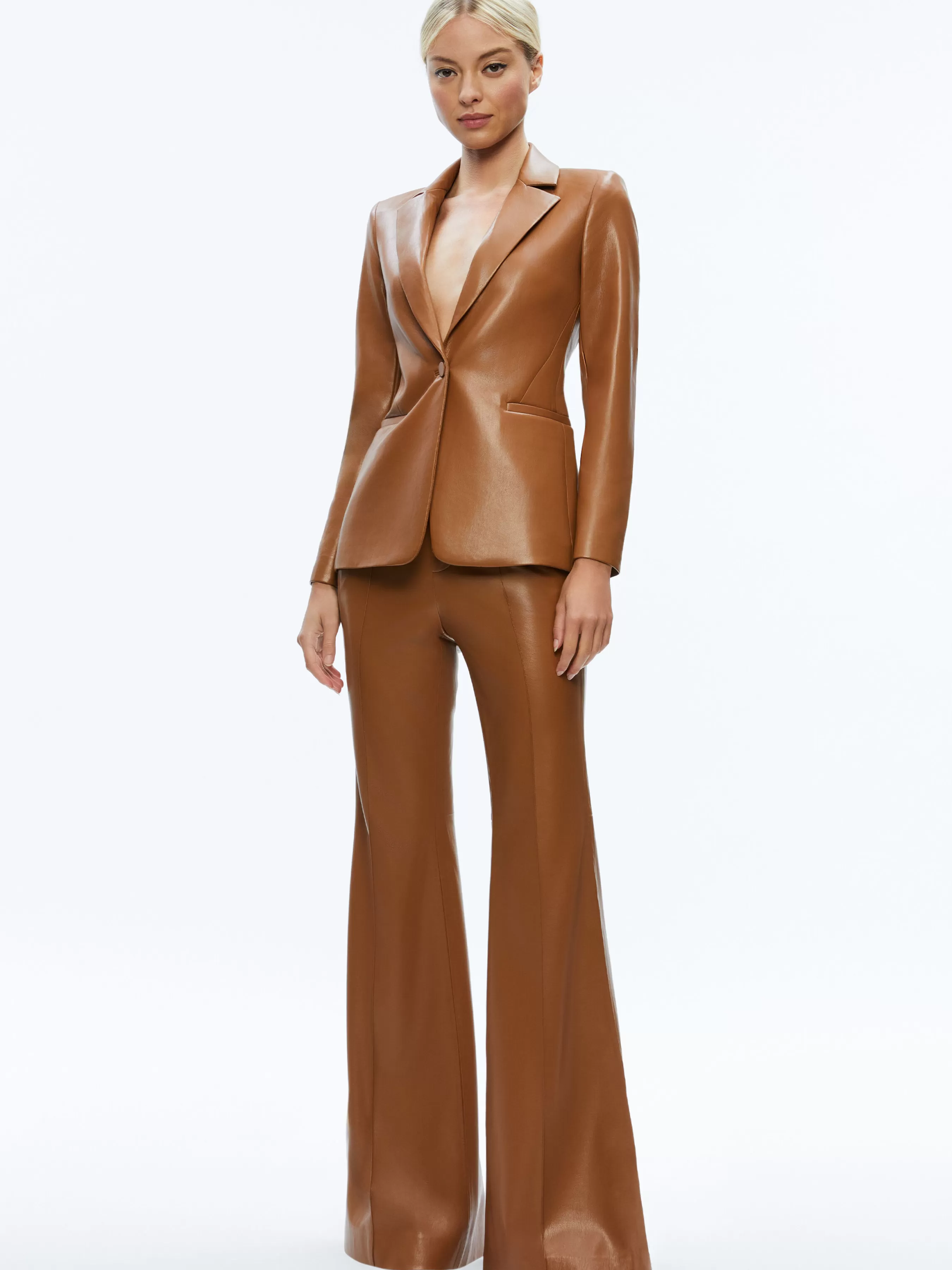 Alice and Olivia MACEY FITTED VEGAN LEATHER BLAZER + DANETTE VEGAN LEATHER SPLIT HEM TROUSERS