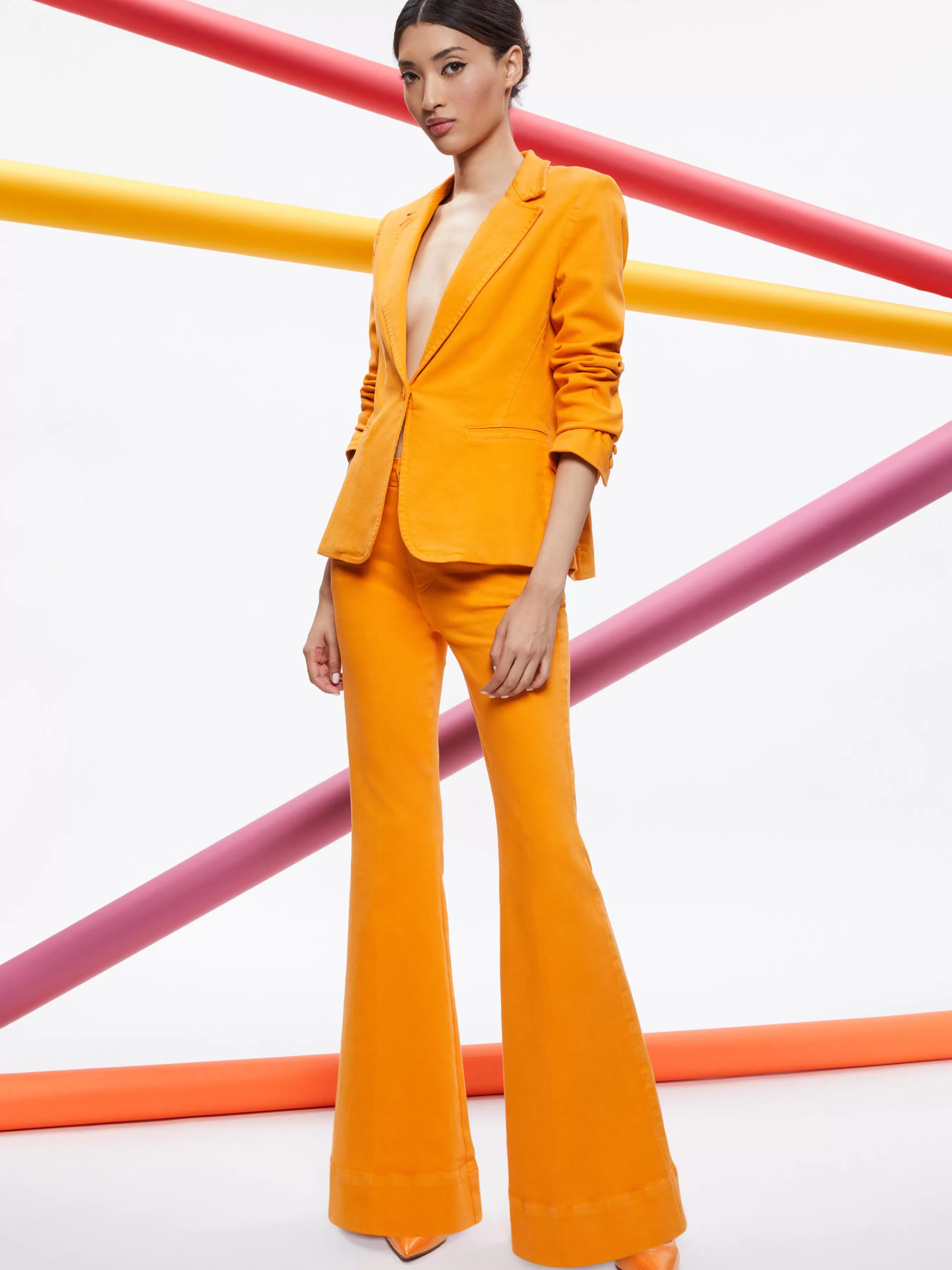 Alice and Olivia MACEY NOTCH COLLAR FITTED BLAZER + CARLI DENIM BRA TOP + BEAUTIFUL HIGH RISE BELL JEAN