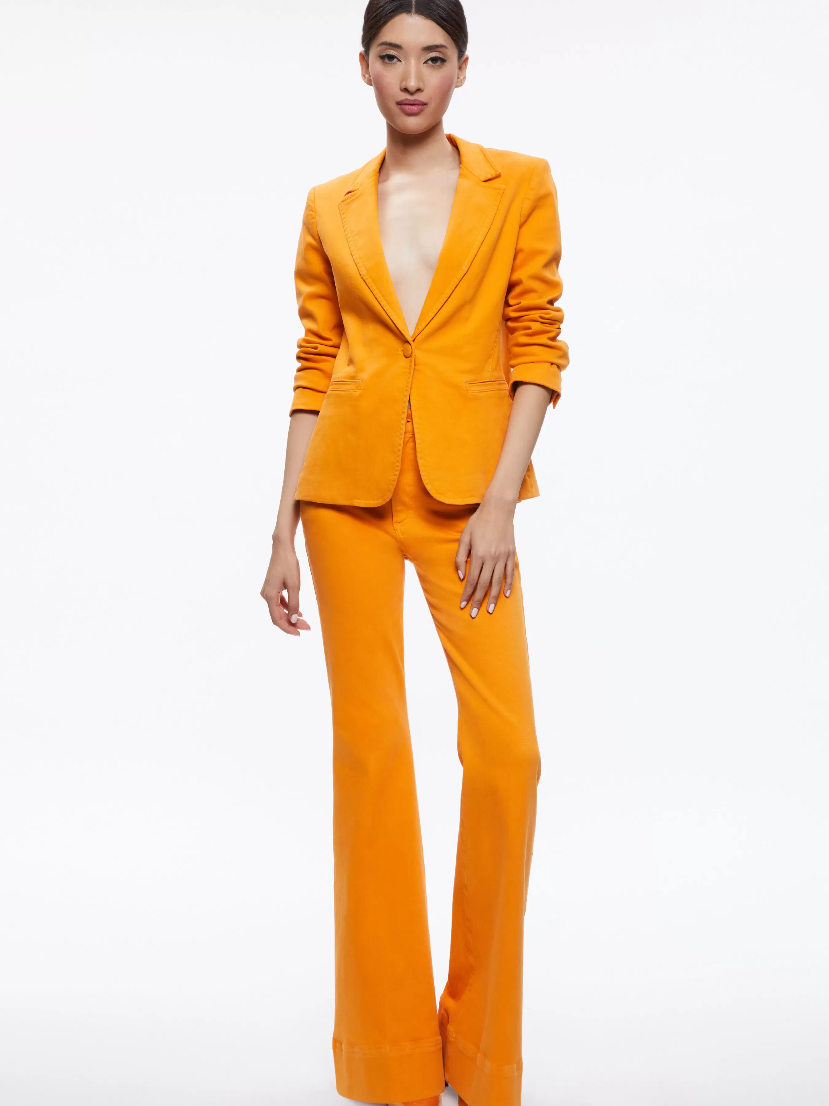 Alice and Olivia MACEY NOTCH COLLAR FITTED BLAZER + CARLI DENIM BRA TOP + BEAUTIFUL HIGH RISE BELL JEAN