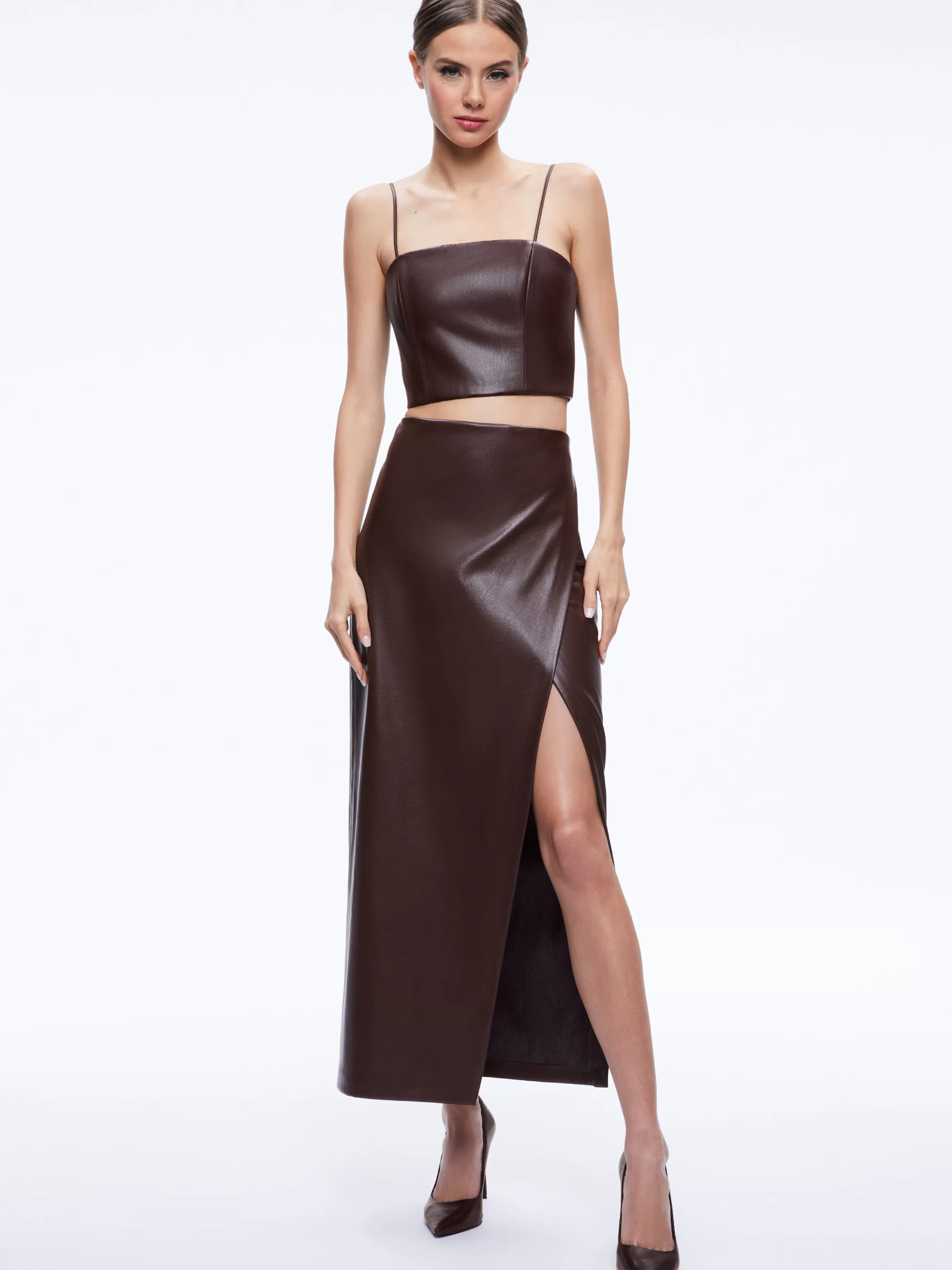 Alice and Olivia PEARLE VEGAN LEATHER BUSTIER TOP + SIOBHAN VEGAN LEATHER MAXI SKIRT